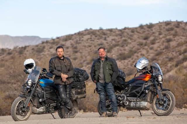 The pair will be riding on electric Harley Davidson's in the new series (Apple TV)