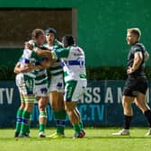 Glasgow captain Kyle Steyn looks on as Benetton Treviso players celebrate a try. Photo by David Gibson/Fotosport/Shutterstock (13395779y)