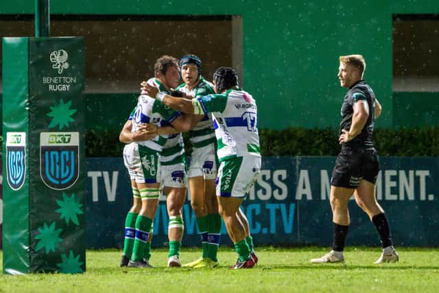 Glasgow captain Kyle Steyn looks on as Benetton Treviso players celebrate a try. Photo by David Gibson/Fotosport/Shutterstock (13395779y)