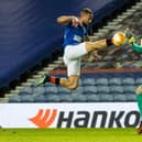 Rangers' Kemar Roofe catches Slavia's Ondrej Kolar and is sent off during the UEFA Europa League Round of 16 2nd Leg match between Rangers FC and Slavia Prague at Ibrox Stadium on March 18, 2021.  (Photo by Alan Harvey / SNS Group)