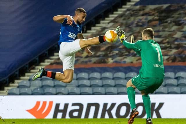 Rangers' Kemar Roofe catches Slavia's Ondrej Kolar and is sent off during the UEFA Europa League Round of 16 2nd Leg match between Rangers FC and Slavia Prague at Ibrox Stadium on March 18, 2021. (Photo by Alan Harvey / SNS Group)