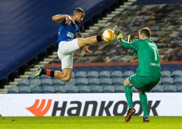 Rangers' Kemar Roofe catches Slavia's Ondrej Kolar and is sent off during the UEFA Europa League Round of 16 2nd Leg match between Rangers FC and Slavia Prague at Ibrox Stadium on March 18, 2021.  (Photo by Alan Harvey / SNS Group)
