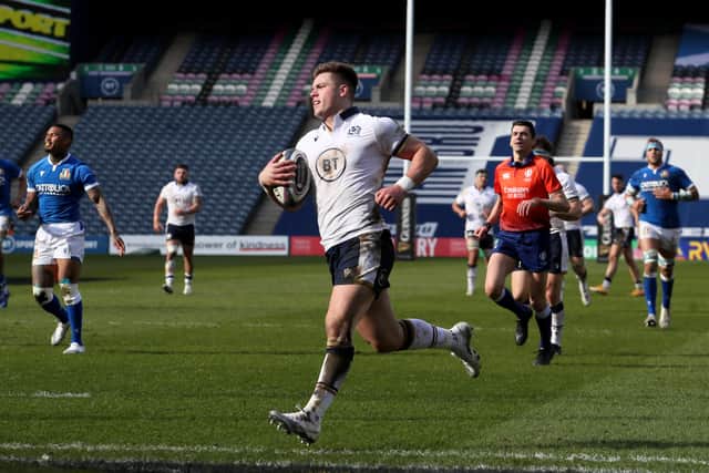 Huw Jones impressed for Scotland at outside centre during the Guinness Six Nations but will start at full-back for Glasgow. Picture: Jane Barlow/PA