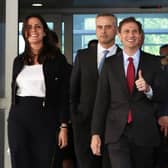 Dominion Voting Systems CEO John Poulos (2nd L) leaves with members of his legal team, including Davida Brook (L), Justin Nelson (3rd L) and Stephen Shackelford (R) from the Leonard Williams Justice Center where Dominion was suing FOX News for defamation in Delaware Superior Court after a settlement has been reached. Photo by Alex Wong/Getty Images