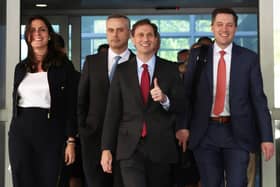 Dominion Voting Systems CEO John Poulos (2nd L) leaves with members of his legal team, including Davida Brook (L), Justin Nelson (3rd L) and Stephen Shackelford (R) from the Leonard Williams Justice Center where Dominion was suing FOX News for defamation in Delaware Superior Court after a settlement has been reached. Photo by Alex Wong/Getty Images