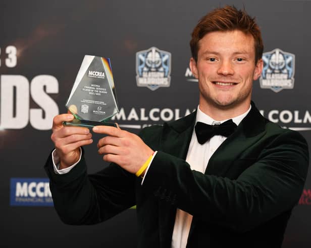 George Horne wins the Glasgow Warriors McCrea Financial Services Player of the Season at the Hilton Hotel on April 23, 2023.  (Photo by Ross MacDonald / SNS Group)