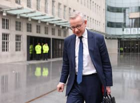 Michael Gove, Secretary of State for Levelling Up, Housing and Communities, leaves BBC Broadcasting House after his appearance on Sunday with Laura Kuenssberg on March 26, 2023 in London, England. (Photo by Hollie Adams/Getty Images)