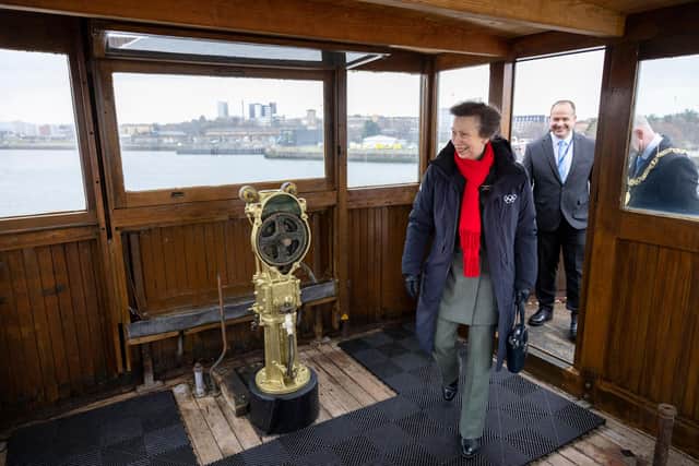 Princess Anne visiting the ship on Friday as Friends of TS Queen Mary chairman Iain Sim looks on. Picture: Martin Shields