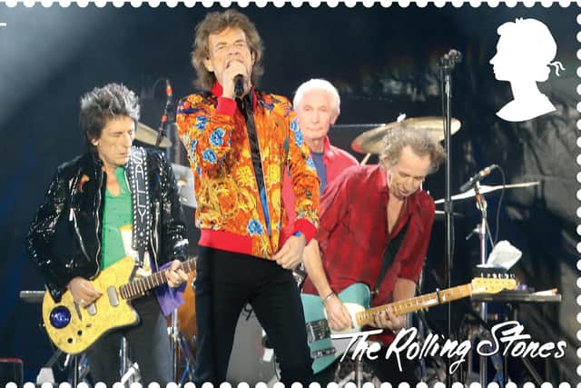 The later drummer Charlie Watts features keeping the Stoones' beat in this stamp.