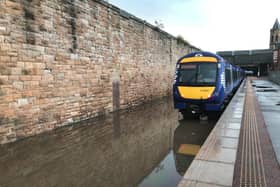 British Transport Police, which patrols Scotland’s rail network, shared a photo of a completely flooded track at Perth Station, urging passengers to be wary of delays after “significant disruption”.