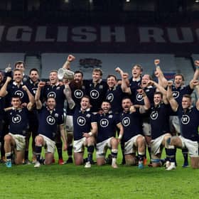 Scotland celebrate with the Calcutta Cup following the 11-6 victory over England at Twickenham. Picture: David Rogers/Getty Images