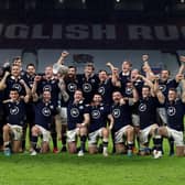 Scotland celebrate with the Calcutta Cup following the 11-6 victory over England at Twickenham. Picture: David Rogers/Getty Images