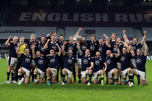Scotland celebrate with the Calcutta Cup following the 11-6 victory over England at Twickenham. Picture: David Rogers/Getty Images