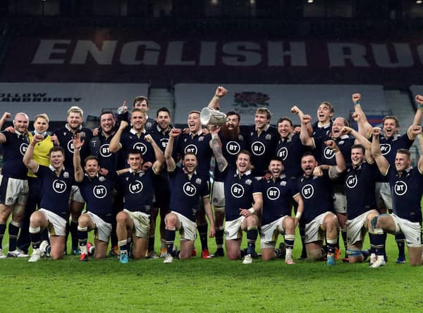 Scotland celebrate with the Calcutta Cup following the 11-6 victory over England at Twickenham. Picture: David Rogers/Getty Images