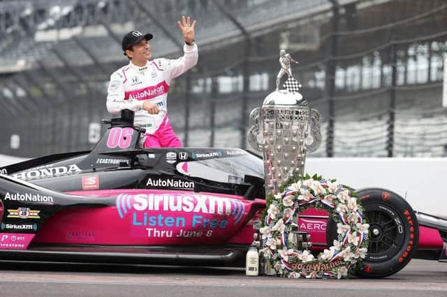 Helio Castroneves during a portrait session at the finish line a day after winning the Indianapolis 500 at Indianapolis Motor Speedway on May 31, 2021 in Indianapolis, Indiana. (Photo by Andy Lyons/Getty Images)