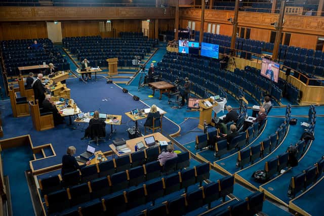 The Assembly is being held mainly online with only a few present in the hall. Picture: Andrew O'Brien