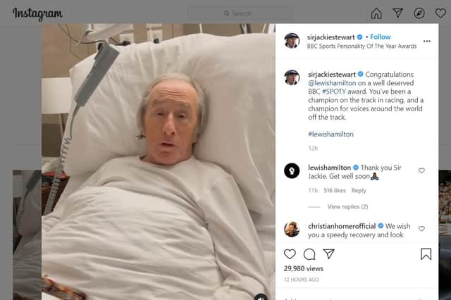 Sir Jackie Stewart appeared on Sports Personality of the Year from his hospital bed.