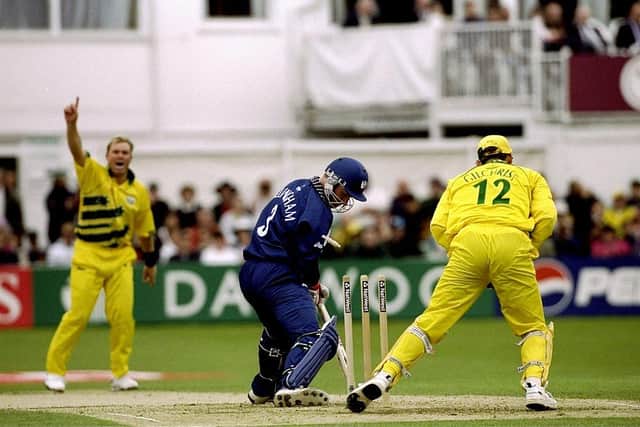 Mike Allingham of Scotland is bowled during the Cricket World Cup match against Australia (Adrian Murrell /Allsport)