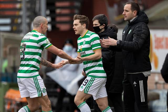 Celtic's James Forrest comes on to replace Scott Brown at Tannadice on Sunday to bring an end to almost six months out following an ankle fracture. (Photo by Craig Williamson / SNS Group)