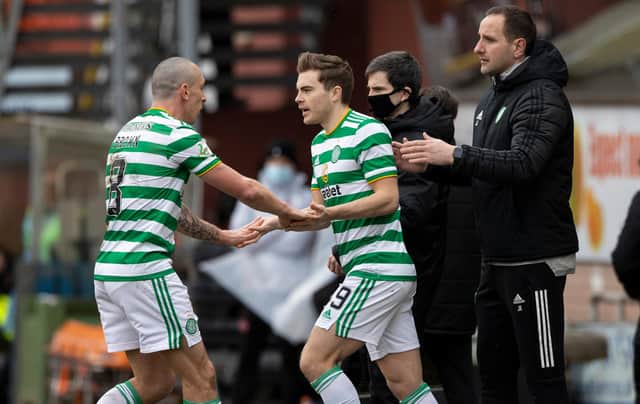 Celtic's James Forrest comes on to replace Scott Brown at Tannadice on Sunday to bring an end to almost six months out following an ankle fracture. (Photo by Craig Williamson / SNS Group)