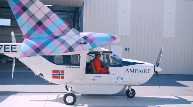 The Ampaire electric aircraft is sporting tartan winglets for its trials in Orkney. Picture: Ampaire