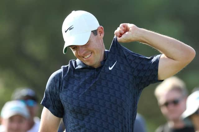 Rory McIlroy ripped the collar of his shirt after a frustrating round in Dubai last month. (Photo by Warren Little/Getty Images)