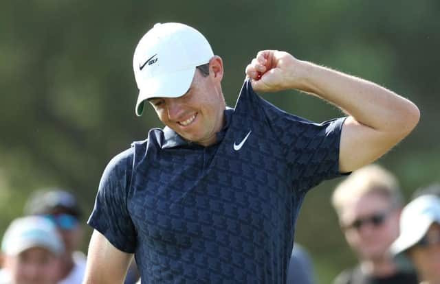 Rory McIlroy ripped the collar of his shirt after a frustrating round in Dubai last month. (Photo by Warren Little/Getty Images)