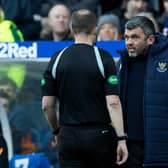 St Johnstone manager Callum Davidson speaks to referee Willie Collum following the decision to red card Nicky Clark. (Photo by Alan Harvey / SNS Group)