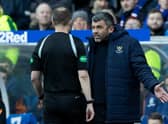 St Johnstone manager Callum Davidson speaks to referee Willie Collum following the decision to red card Nicky Clark. (Photo by Alan Harvey / SNS Group)