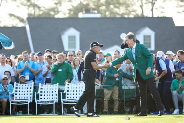 AUGUSTA, GEORGIA - APRIL 11: Honorary starter and Masters champion Gary Player of South Africa greets Masters Chairman Fred Ridley during the First Tee ceremony to start the first round of the Masters at Augusta National Golf Club on April 11, 2019 in Augusta, Georgia. (Photo by Kevin C.  Cox/Getty Images)