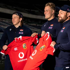 Edinburgh Rugby trio Hamish Watson, Duhan van der Merwe and Rory Sutherland at BT Murrayfield after their call-up for the Lions. Picture: Craig Williamson/SNS