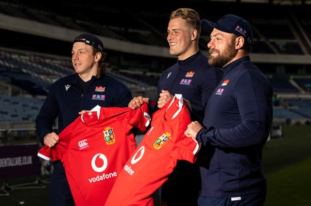 Edinburgh Rugby trio Hamish Watson, Duhan van der Merwe and Rory Sutherland at BT Murrayfield after their call-up for the Lions. Picture: Craig Williamson/SNS