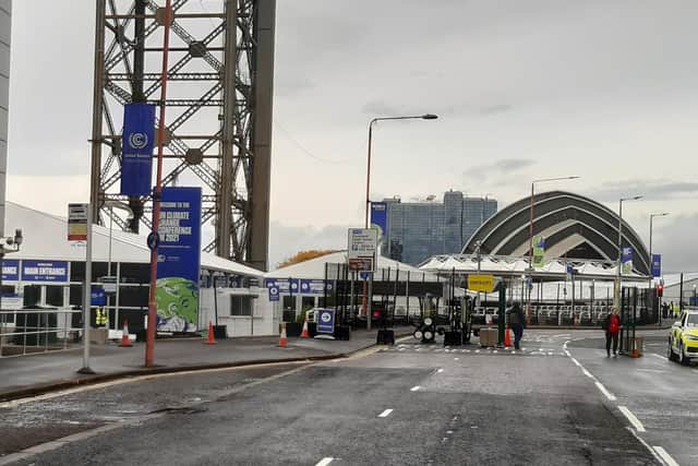 The main entrance of the COP26 conference - but there's no cycle parking provided. Picture: The Scotsman