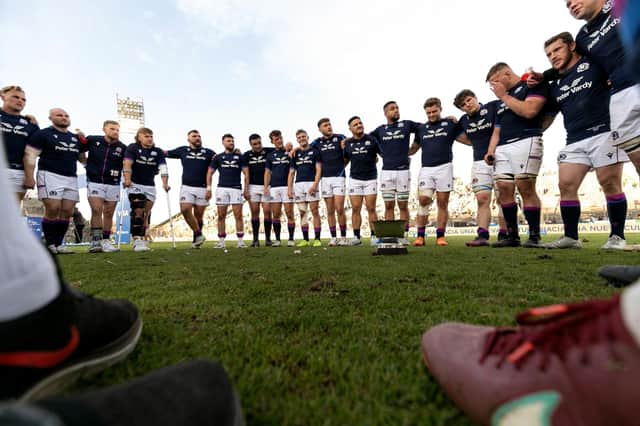 Scotland players celebrate with the trophy after defeating Argentina at the end of their international rugby union match at Padre Ernesto Martearena Stadium in Salta, Argentina on July 9, 2022.