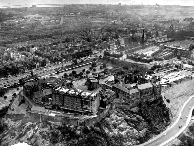 Aerial view of Edinburgh, showing Edinburgh Castle, Princes Street and Johnston Terrace.
