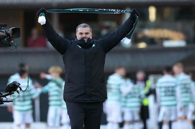 Ange Postecoglou salutes the Celtic fans after the 3-0 win at Dundee United (Photo by Craig Williamson / SNS Group)