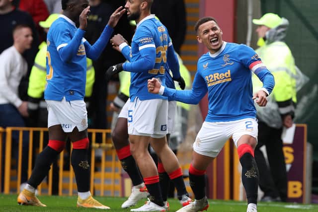 James Tavernier (right) celebrates after Rangers' fourth goal in their 6-1 Premiership victory over Motherwell at Fir Park. (Photo by Ian MacNicol/Getty Images)