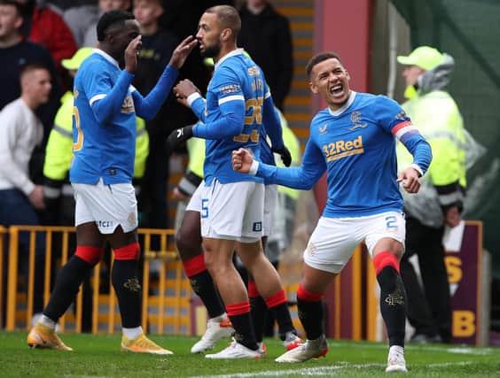 James Tavernier (right) celebrates after Rangers' fourth goal in their 6-1 Premiership victory over Motherwell at Fir Park. (Photo by Ian MacNicol/Getty Images)