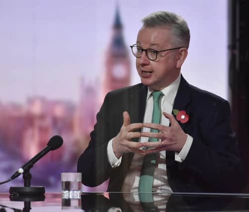 For use in UK, Ireland or Benelux countries only BBC handout photo of Chancellor of the Duchy of Lancaster Michael Gove appearing on the BBC1 current affairs programme, The Andrew Marr Show.