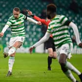 Leigh Griffiths scores to the opener at Celtic Park. (Photo by Rob Casey / SNS Group)