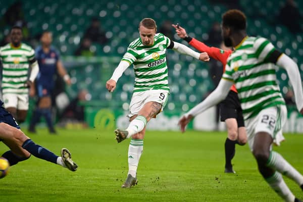 Leigh Griffiths scores to the opener at Celtic Park. (Photo by Rob Casey / SNS Group)