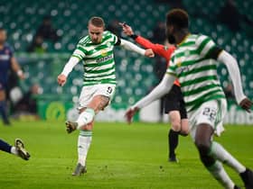 Leigh Griffiths scores to the opener at Celtic Park. (Photo by Rob Casey / SNS Group)