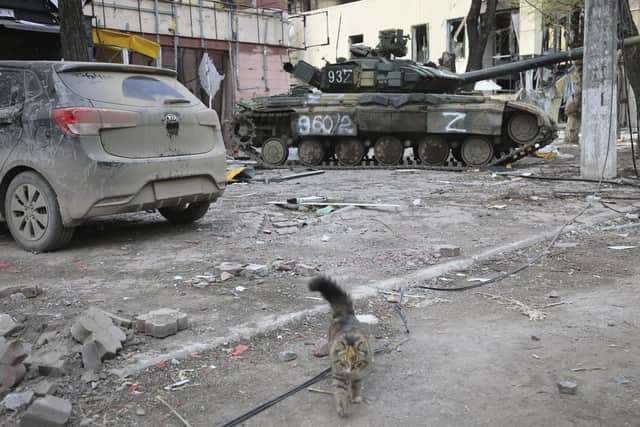 Tanks of Donetsk People's Republic militia in Mariupol, in territory under the government of the Donetsk People's Republic, eastern Ukraine, Wednesday, May 4, 2022. (AP Photo/Alexei Alexandrov)