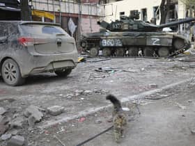Tanks of Donetsk People's Republic militia in Mariupol, in territory under the government of the Donetsk People's Republic, eastern Ukraine, Wednesday, May 4, 2022. (AP Photo/Alexei Alexandrov)