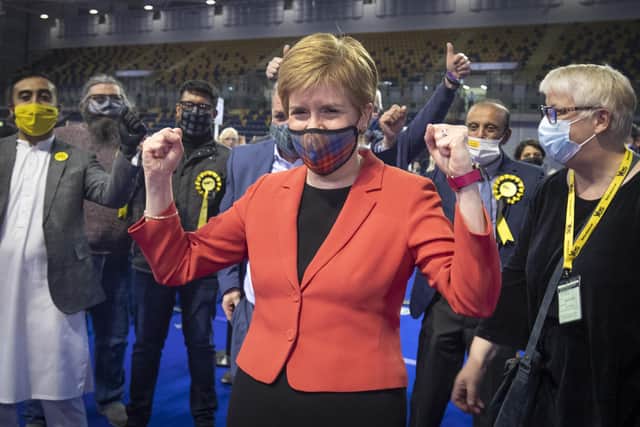 Nicola Sturgeon, seen celebrating after retaining her Glasgow Southside seat, may demand another independence referendum but Boris Johnson won't agree and she doesn't really want it just now, says Euan McColm (Picture: Jane Barlow/PA)
