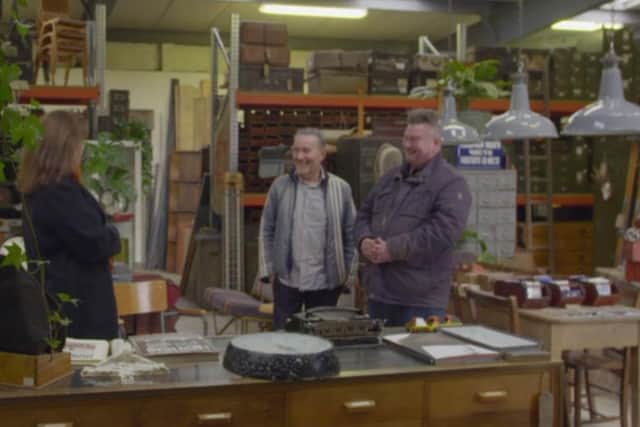 Homeowners Bill and Gary talking to Kirstie in The Rust Works (Photo: Channel 4).