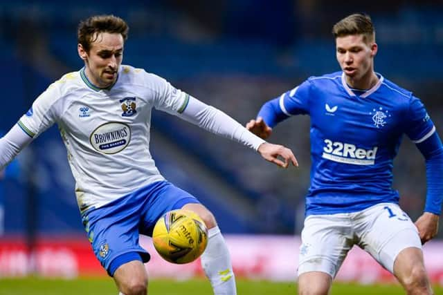 Kilmarnock defender Brandon Haunstrup tussles with Rangers striker Cedric Itten at Ibrox. (Photo by Rob Casey / SNS Group)