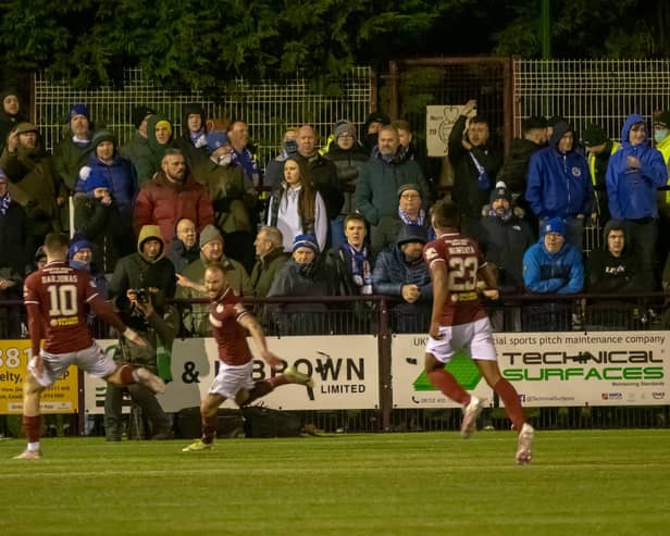 Kallum Higginbotham celebrates his goal against St Johnstone. Pic: Kevin Marshall