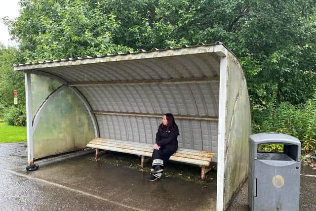 Bus stop Stacey O’Flaherty from Ratho Bus Working Group at the disused bus stop at the EICA