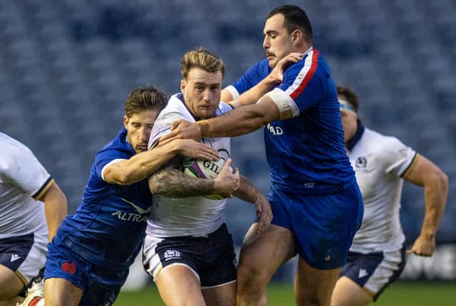 Scotland captain Stuart Hogg drives forward during the Autumn Nations Cup clash with France at BT Murrayfield. Picture: Craig Williamson / SNS